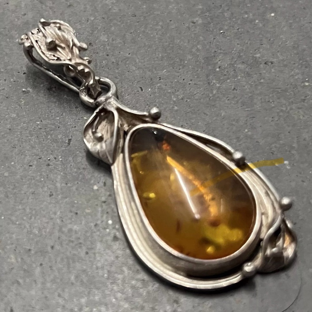 Teardrop Shaped Amber and Intricately Designed Silver Pendant - Picture 7 of 8